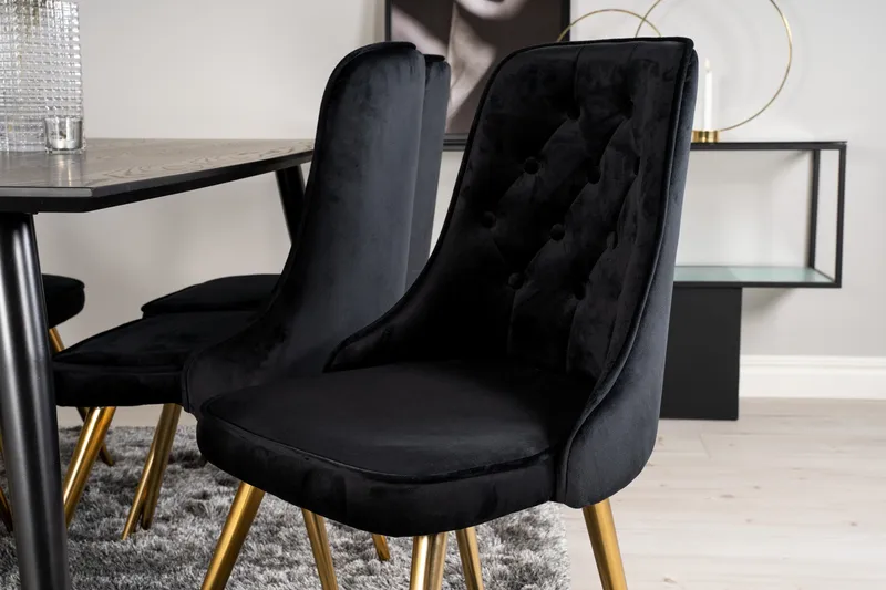 Dipp Matgrupp 180 cm Rektangulär med 6 Velvet Deluxe stolar - Svart/Guld - Möbler - Matplats - Matgrupp & matbord med stolar