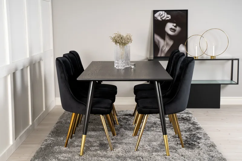 Dipp Matgrupp 180 cm Rektangulär med 6 Velvet Deluxe stolar - Svart/Guld - Möbler - Matplats - Matgrupp & matbord med stolar