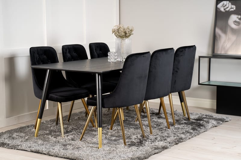 Dipp Matgrupp 180 cm Rektangulär med 6 Velvet Deluxe stolar - Svart/Guld - Möbler - Matplats - Matgrupp & matbord med stolar