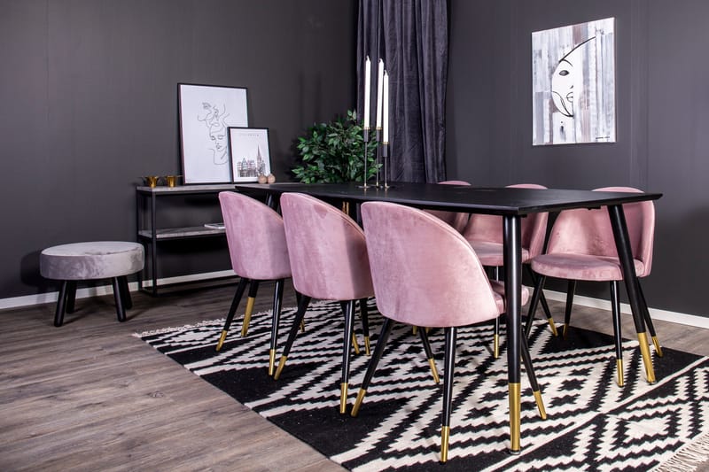 Dipp Matgrupp 180 cm Rektangulär med 6 Velvet stolar - Svart/Guld - Möbler - Matplats - Matgrupp & matbord med stolar