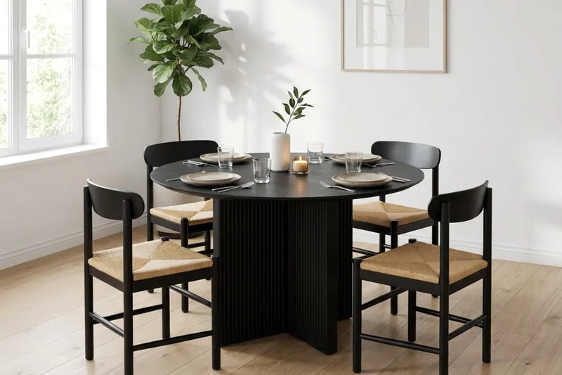 Edda Matgrupp runt 110 cm Svart med 4 Malte Matstolar - Möbler - Matplats - Matgrupp & matbord med stolar