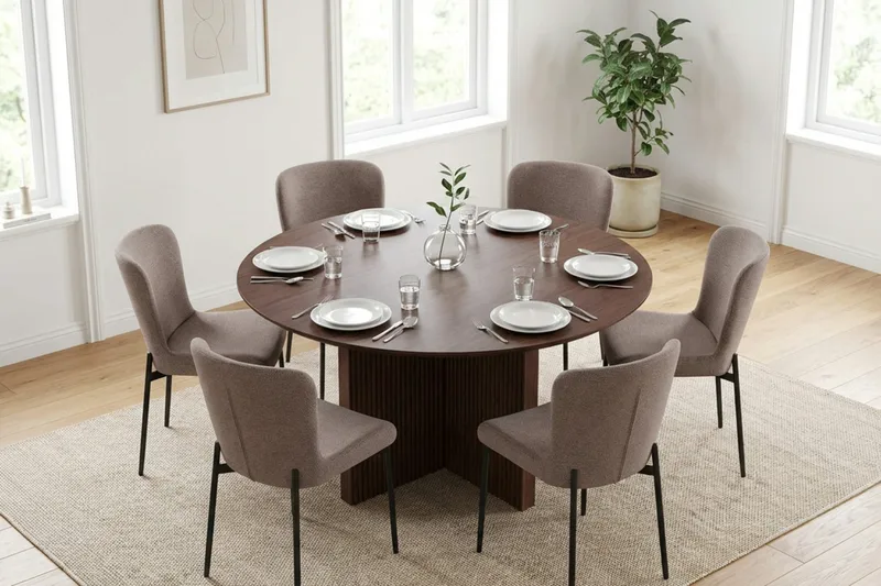 Edda Matgrupp runt 130 cm Valnöt med 6 Elsie Matstolar - Valnöt/Grå - Möbler - Matplats - Matgrupp & matbord med stolar