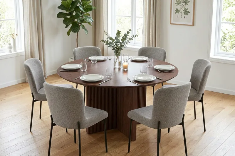 Edda Matgrupp runt 130 cm Valnöt med 6 Elsie Matstolar - Valnöt/Ljusgrå - Möbler - Matplats - Matgrupp & matbord med stolar