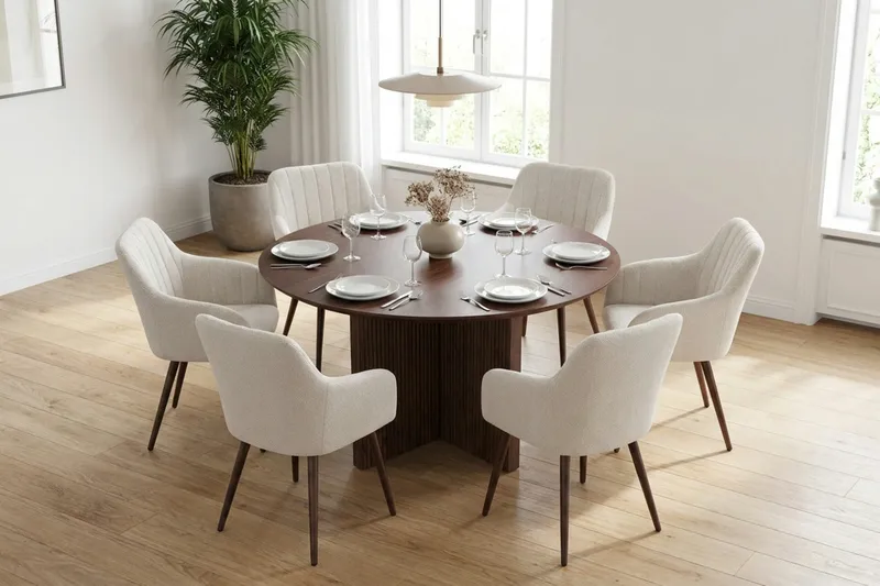Edda Matgrupp runt 130 cm Valnöt med 6 Filippa Matstolar - Valnöt - Möbler - Matplats - Matgrupp & matbord med stolar
