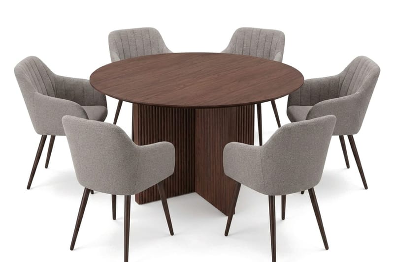 Edda Matgrupp runt 130 cm Valnöt med 6 Filippa Matstolar - Valnöt - Möbler - Matplats - Matgrupp & matbord med stolar