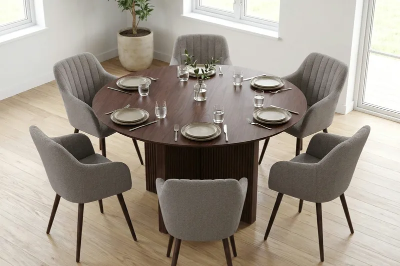 Edda Matgrupp runt 130 cm Valnöt med 6 Filippa Matstolar - Valnöt - Möbler - Matplats - Matgrupp & matbord med stolar