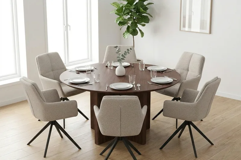 Edda Matgrupp runt 130 cm Valnöt med 6 Torsby Matstolar - Valnöt - Möbler - Matplats - Matgrupp & matbord med stolar