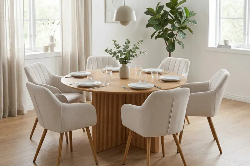 Edda Matgrupp runt 150 cm Ek med 6 Filippa Matstolar - Ek - Möbler - Matplats - Matgrupp & matbord med stolar