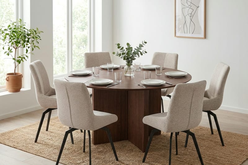 Edda Matgrupp runt 150 cm Valnöt med 6 Mora Matstolar - Möbler - Matplats - Matgrupp & matbord med stolar