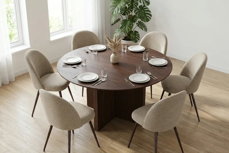Edda Matgrupp runt 150 cm Valnöt med 6 Nibe Plus Matstolar - Möbler - Matplats - Matgrupp & matbord med stolar