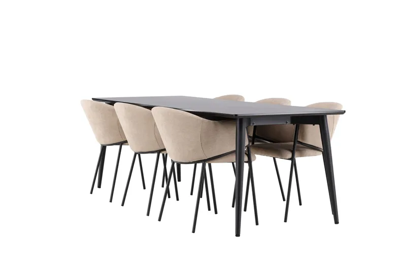 ELLIS Matgrupp 230 cm Rektangulär Svart med 6 Evelina stolar Beige