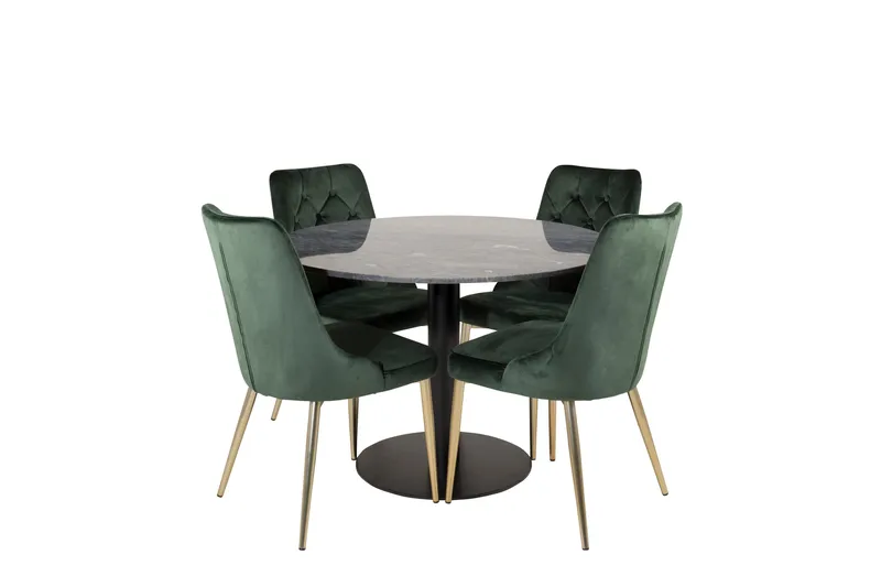 Estelle Matgrupp 106 cm Rund med 4 Velvet Deluxe stolar, Svart/Guld