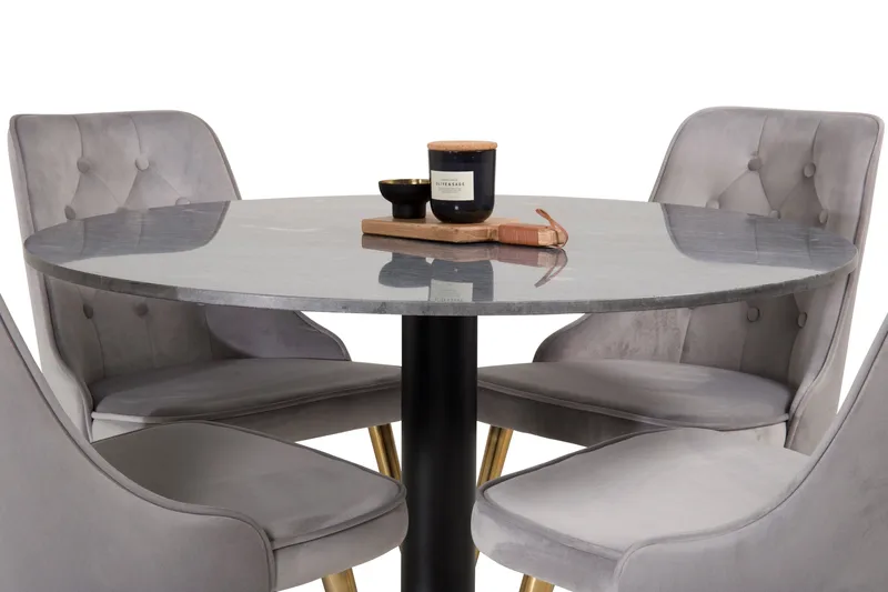 Estelle Matgrupp 106 cm Rund med 4 Velvet stolar - Svart/Guld - Möbler - Matplats - Matgrupp & matbord med stolar