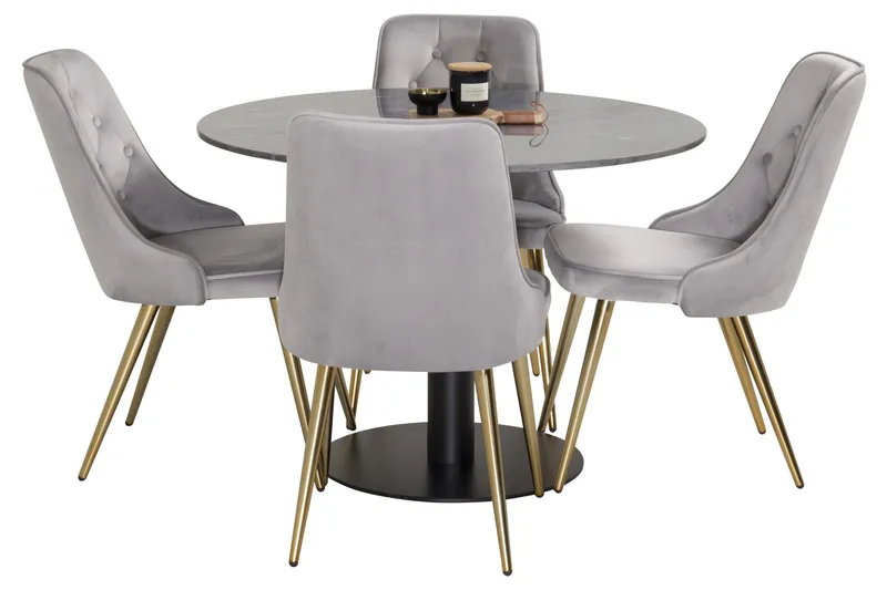 Estelle Matgrupp 106 cm Rund med 4 Velvet stolar - Svart/Guld - Möbler - Matplats - Matgrupp & matbord med stolar