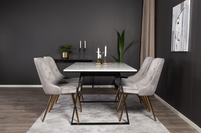 Estelle Matgrupp 140 cm Rektangulär med 4 Velvet stolar - Svart/Guld - Möbler - Matplats - Matgrupp & matbord med stolar