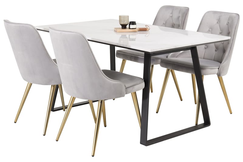 Estelle Matgrupp 140 cm Rektangulär med 4 Velvet stolar - Svart/Guld - Möbler - Matplats - Matgrupp & matbord med stolar