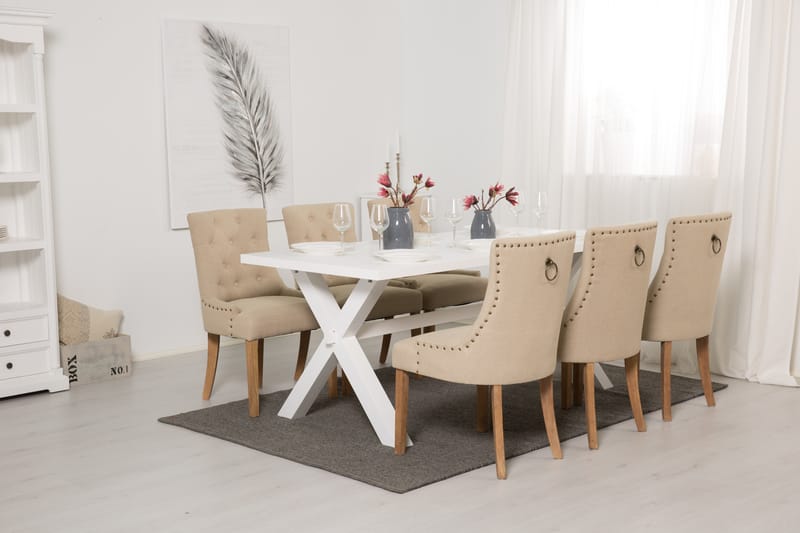 FRESNO Matbord 180 Vit + 6 COLFAX Fåtölj Beige/Natur - Matgrupp & matbord med stolar