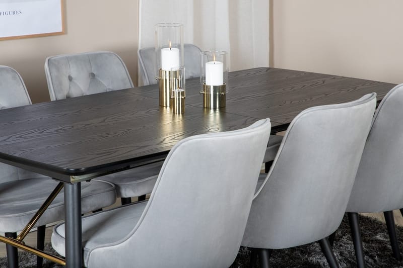 Gold Matbord 180 cm Förlängningsbart med 6 Velvet Deluxe Sammetstol - Ljusgrå, Svart - Möbler - Matplats - Matgrupp & matbord med stolar