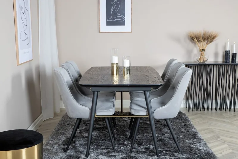 Gold Matbord 180 cm Förlängningsbart med 6 Velvet Deluxe Sammetstol, Ljusgrå, Svart