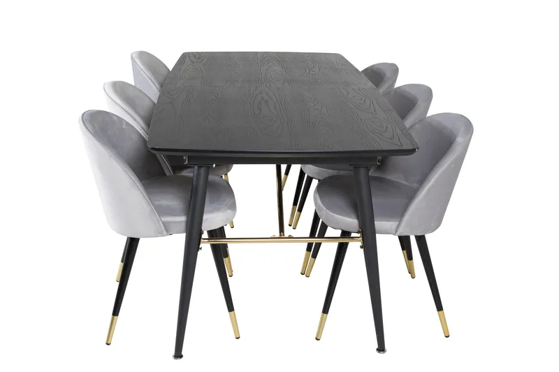 Gold Matgrupp Förlängningsbar 180-220 cm Rektangulär med 6 Velvet stolar, Svart/Guld