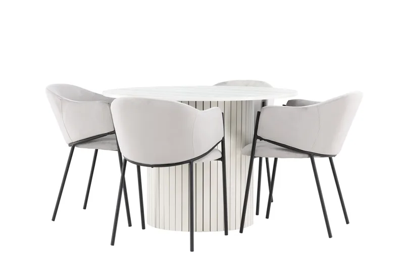 Härön Matgrupp 110 cm Rund med 4 Evelina stolar, Vit/Grå