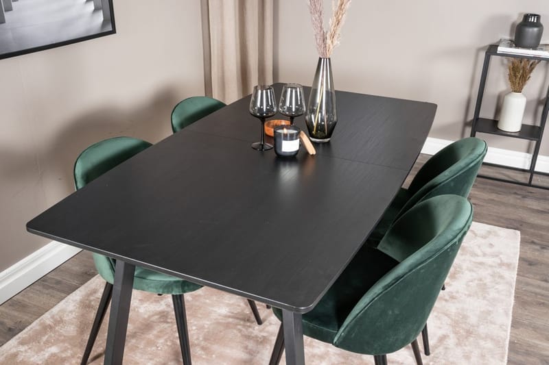 Inca Matgrupp Förlängningsbar 160 cm Rektangulär med 4 Velvet stolar - Svart/Grön - Möbler - Matplats - Matgrupp & matbord med stolar