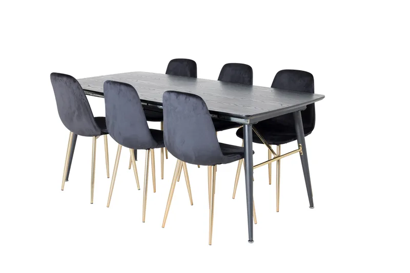 Irunea Förlängningsbar Matgrupp 180 cm inkl 6 Pontus Stolar, Svart/Mässing/Sammet