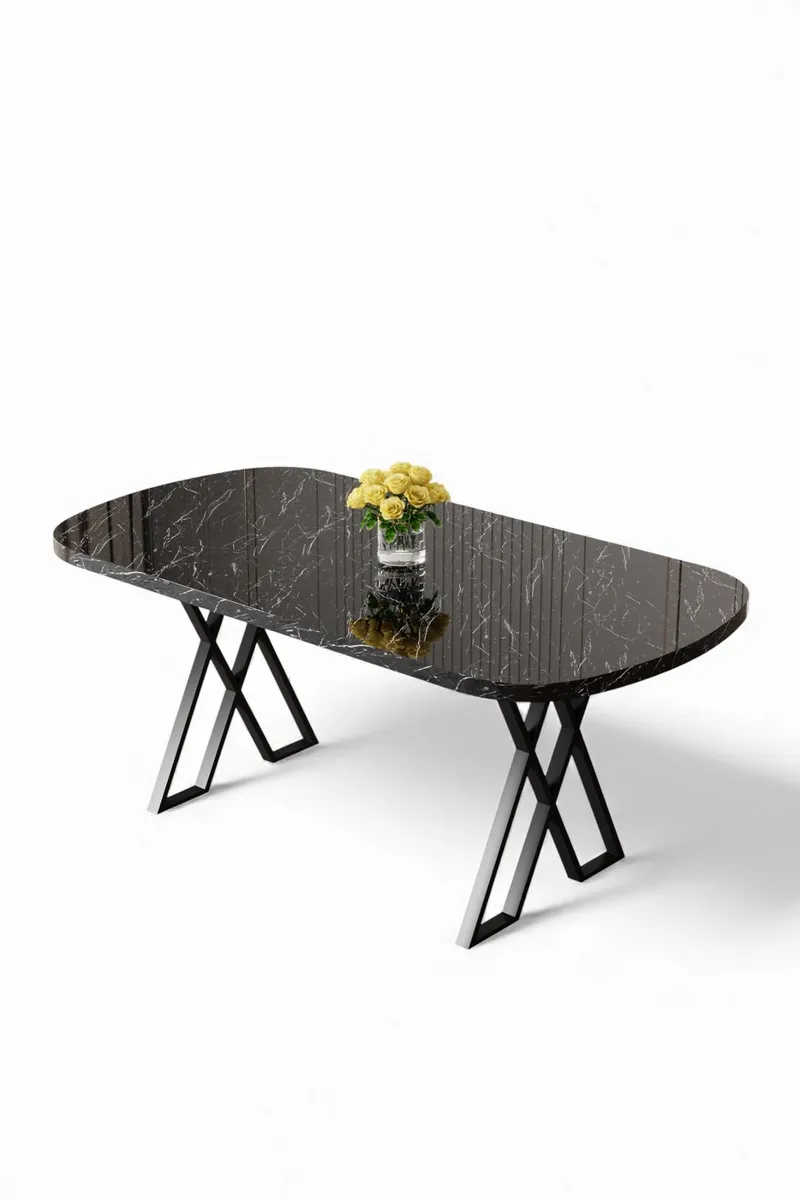 Jalto Rektangulärt Matbord 168 cm i Metall och Trä med Marmorutseende, Svart