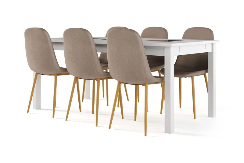 Jasmin Förlängningsbart Matbord 180 cm +  6 st Nibe stol brun med ek ben - Vit/Brun - Möbler - Matplats - Matgrupp & matbord med stolar