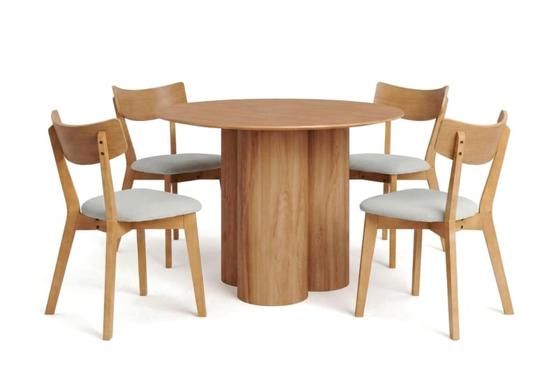 Juno Matgrupp 110 cm runt i Ek med 4 Amelia Matstolar med Dyna - Ek/Beige - Möbler - Matplats - Matgrupp & matbord med stolar