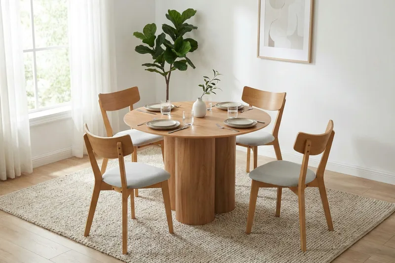 Juno Matgrupp 110 cm runt i Ek med 4 Amelia Matstolar med Dyna - Ek/Beige - Möbler - Matplats - Matgrupp & matbord med stolar