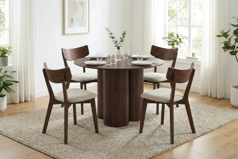 Juno Matgrupp 110 cm runt i Valnöt med 4 Amelia Matstolar med Dyna - Valnöt/Beige - Möbler - Matplats - Matgrupp & matbord med stolar
