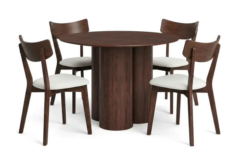 Juno Matgrupp 110 cm runt i Valnöt med 4 Amelia Matstolar med Dyna - Valnöt/Beige - Möbler - Matplats - Matgrupp & matbord med stolar