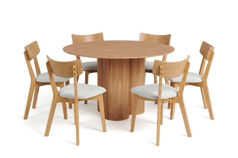 Juno Matgrupp 130 cm runt i Ek med 6 Amelia Matstolar med Dyna - Ek/Beige - Möbler - Matplats - Matgrupp & matbord med stolar