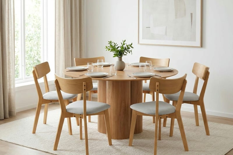 Juno Matgrupp 130 cm runt i Ek med 6 Amelia Matstolar med Dyna - Ek/Beige - Möbler - Matplats - Matgrupp & matbord med stolar