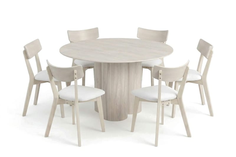 Juno Matgrupp 130 cm runt Vitlaserad med 6 Ameli Matstolar med Dyna - Vitlaserad/Beige - Möbler - Matplats - Matgrupp & matbord med stolar