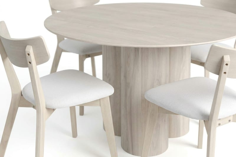 Juno Matgrupp 130 cm runt Vitlaserad med 6 Ameli Matstolar med Dyna - Vitlaserad/Beige - Möbler - Matplats - Matgrupp & matbord med stolar
