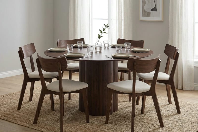 Juno Matgrupp 150 cm runt i Valnöt med 6 Amelia Matstolar med Dyna - Valnöt/Beige - Möbler - Matplats - Matgrupp & matbord med stolar