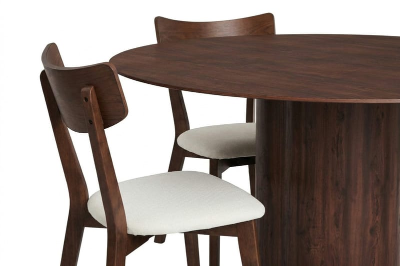 Juno Matgrupp 150 cm runt i Valnöt med 6 Amelia Matstolar med Dyna - Valnöt/Beige - Möbler - Matplats - Matgrupp & matbord med stolar