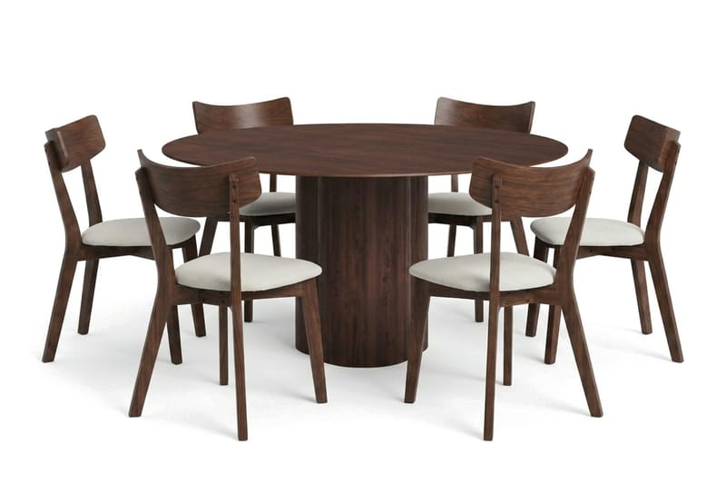 Juno Matgrupp 150 cm runt i Valnöt med 6 Amelia Matstolar med Dyna - Valnöt/Beige - Möbler - Matplats - Matgrupp & matbord med stolar