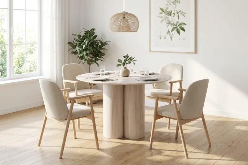 Juno Matgrupp runt 110 cm Vitlaserad med 4 Reciclar Matstolar - Vitlaserad - Möbler - Matplats - Matgrupp & matbord med stolar