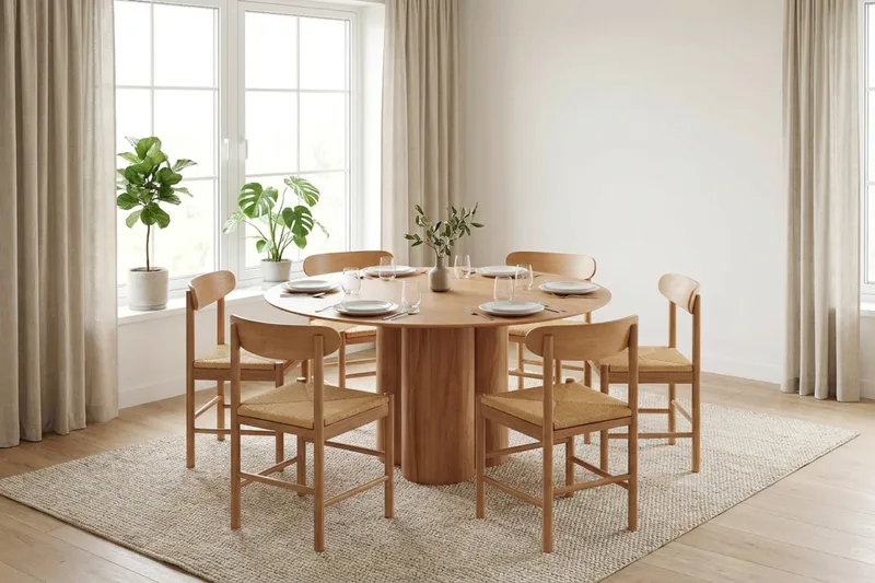 Juno Matgrupp runt 130 cm Ek med 6 Malte Matstolar - Möbler - Matplats - Matgrupp & matbord med stolar