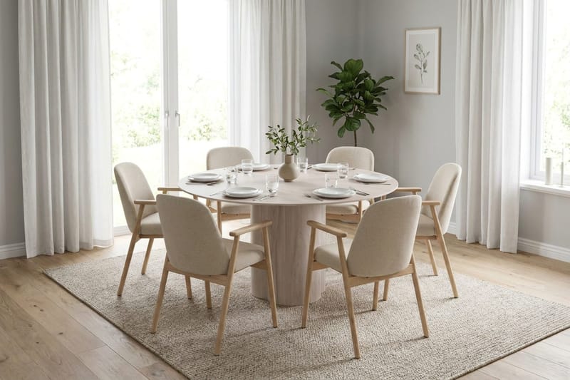 Juno Matgrupp runt 150 cm Vitlaserad med 6 Reciclar Matstolar - Vitlaserad - Möbler - Matplats - Matgrupp & matbord med stolar