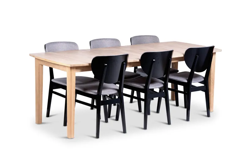 Kivik Förlängningsbar Matgrupp 160-210 cm Ovalt med 6 Borgholm Stolar i massivt trä, Natur/Svart