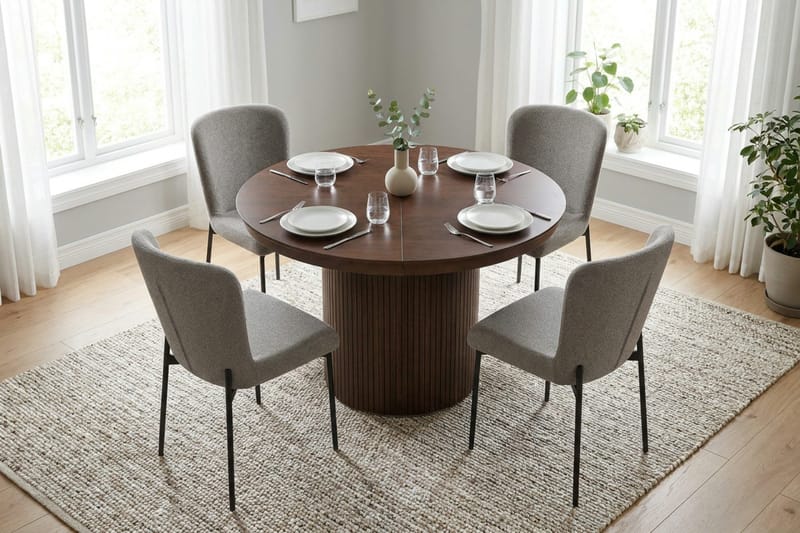 Kopparbo Förlängningsbart runt 120-220 cm Valnöt med 4 Elsie Matstolar - Valnöt/Ljusgrå - Möbler - Matplats - Matgrupp & matbord med stolar