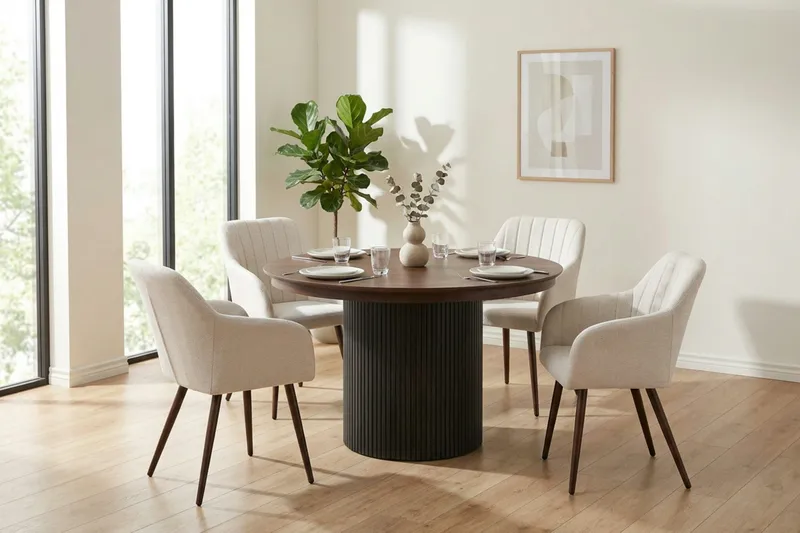 Kopparbo Förlängningsbart runt 120-220 cm Valnöt med 4 Filippa Matstolar - Valnöt - Möbler - Matplats - Matgrupp & matbord med stolar