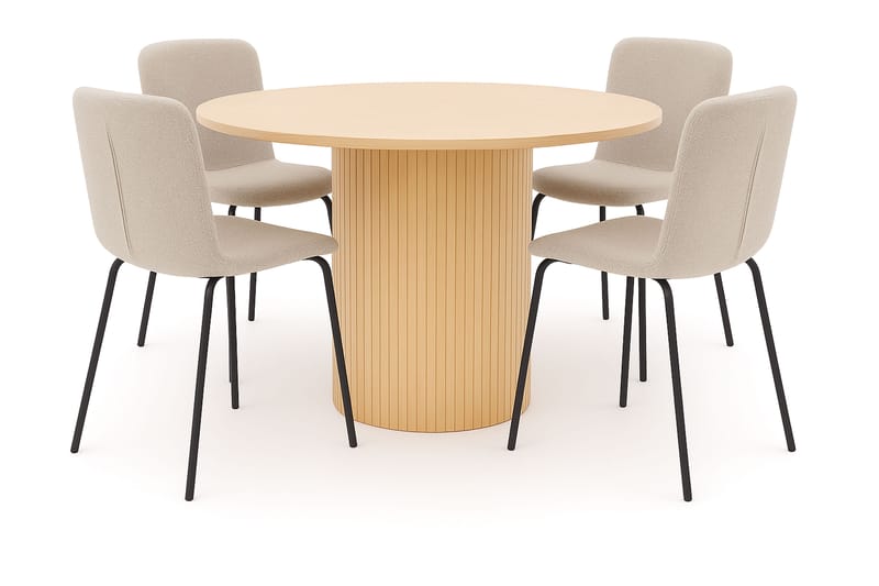 Kopparbo Matbord 106 cm med 4 Katy Matstolar, White / Greige Bouclé / Metallben Svart