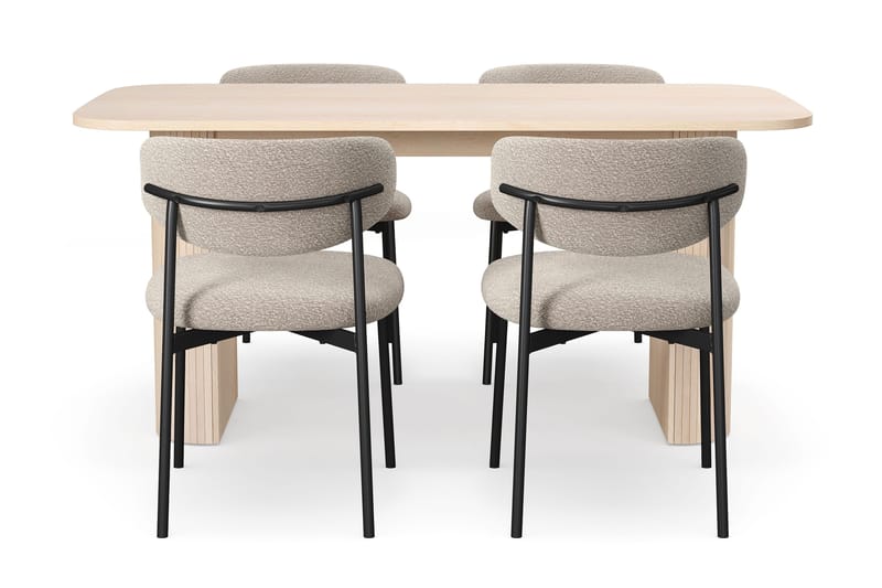 Kopparbo Matbord 160 cm med 4 Lucy Matstolar - White / Greige Bouclé / Metallben Svart - Möbler - Matplats - Matgrupp & matbord med stolar