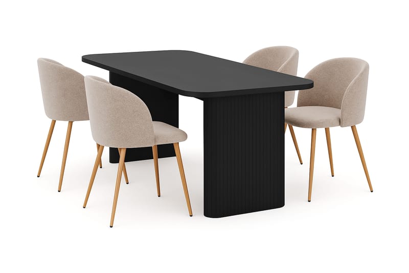 Kopparbo Matbord 180-240 cm Förlängningsbart med 4 Greya Matstolar med armstöd, Svart / Greige Bouclé / Metallben Ek