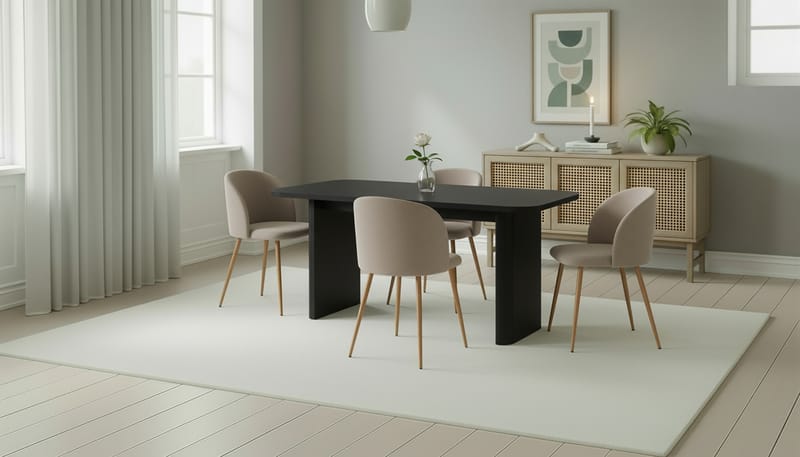 Kopparbo Matbord 180-240 cm Förlängningsbart med 4 Greya Matstolar med armstöd - Svart / Greige Bouclé / Metallben Ek - Möbler - Matplats - Matgrupp & matbord med stolar